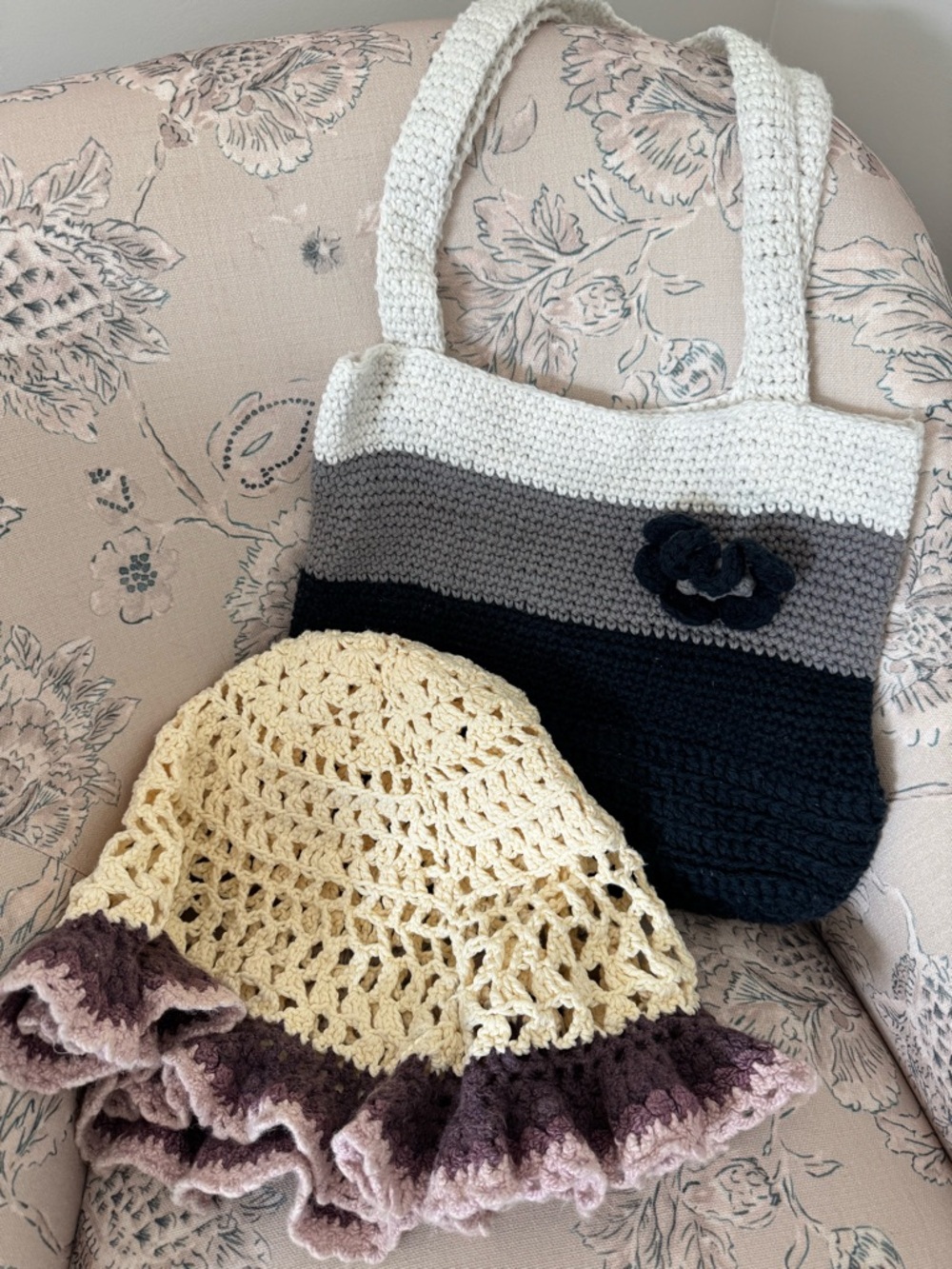 Handmade Crochet Tote Bag in Cream, Gray & Navy, & crochet basket liner bundle